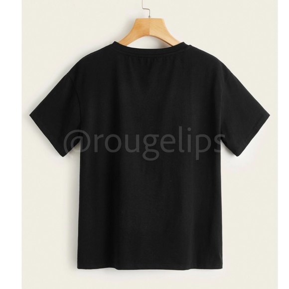 Black Graphic French Text Print Tee Shirt Short Sleeve Crew Neck - Picture 3 of 11